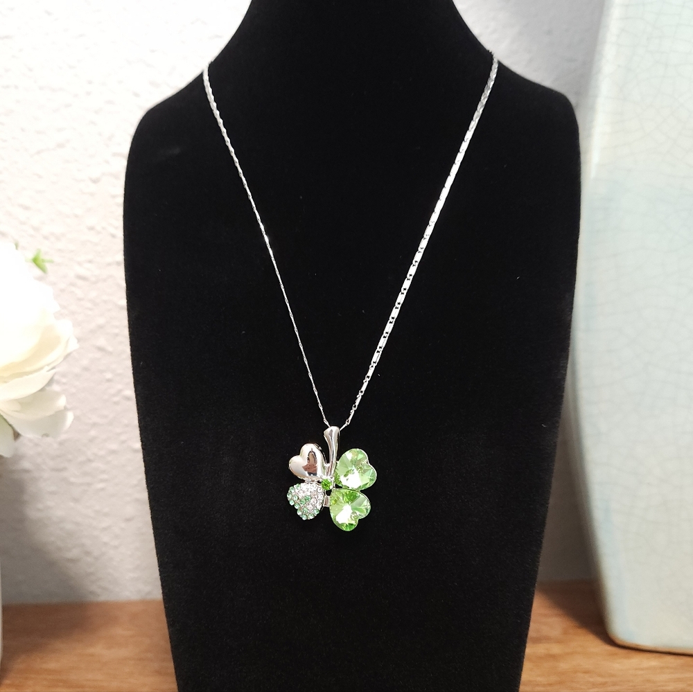 Lucky 4 Leaf Clover Necklace Crystal Hearts Silver St Paddys Patricks Day New